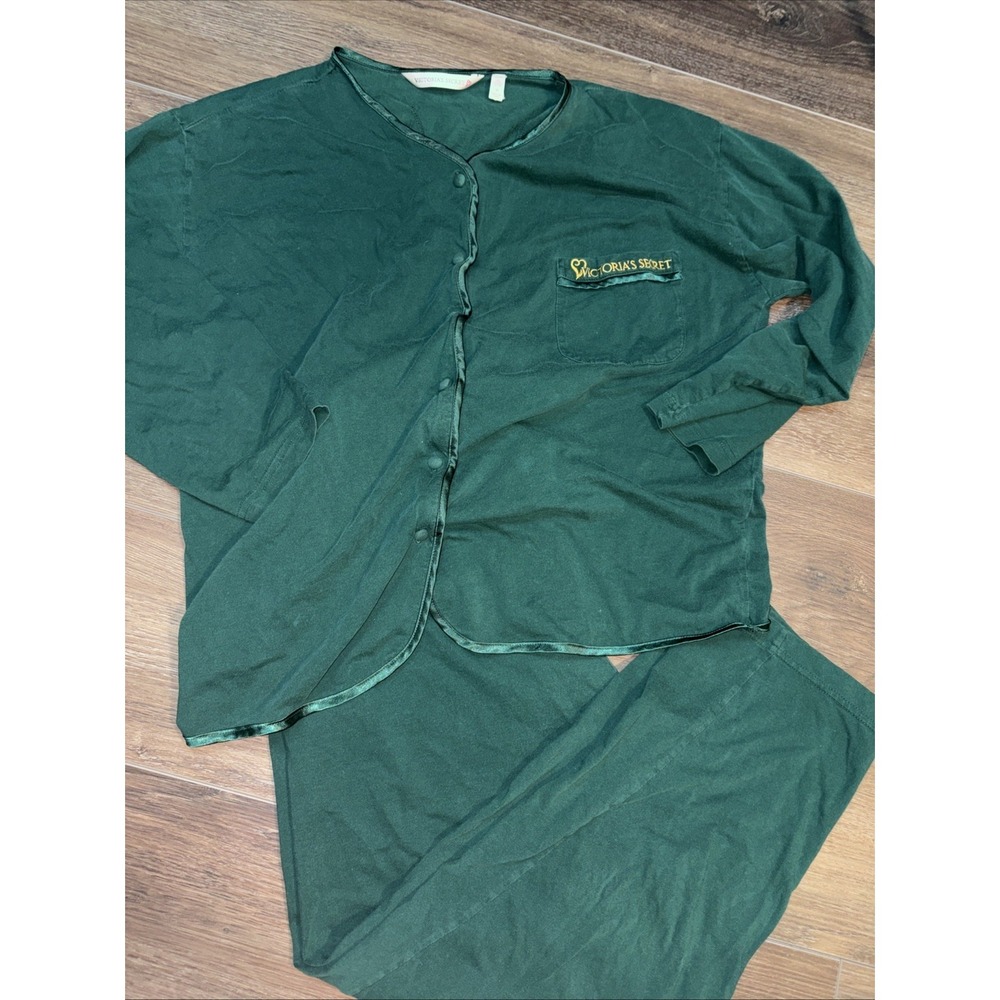 Victoria's Secret Y2K Green Cotton Lounge Pajama Button Up 2 Piece Medium